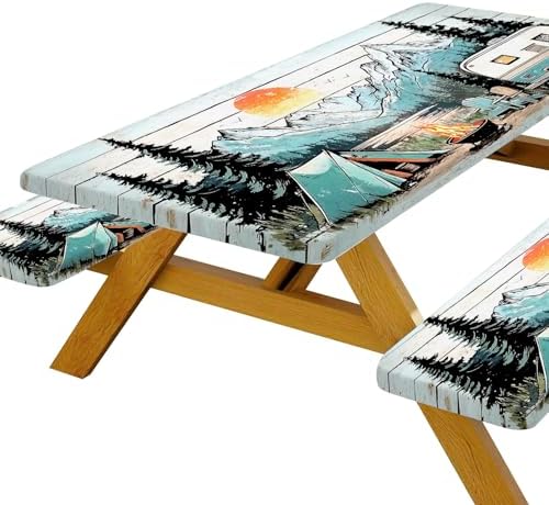 Picnic Table Cover with Bench Covers and Bag, Wooden Camper Waterproof Windproof, Fitted Tablecloth Cover with Elastic Edge, for Indoor & Outdoor, Garden, Camping, 3 Pieces Set, 30x60 Inch - Image 2