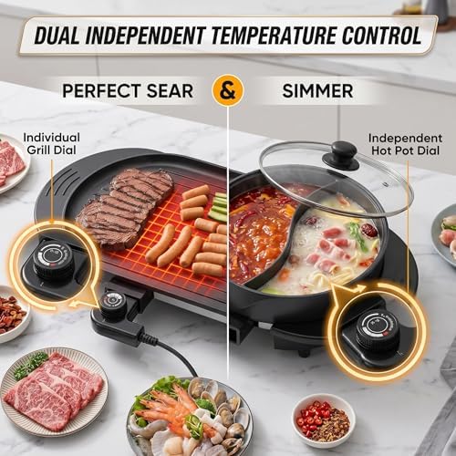 27" Hot Pot with Grill Electric BBQ Grill Combo, 2200W Indoor Korean BBQ Grill with Dual Temperature Control, Large Shabu Shabu Pot, Nonstick Tabletop Grill for 2-12 People, 110V - Image 3