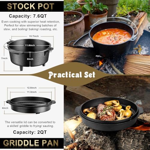 Joyfair Pre-seasoned Cast Iron Camp Dutch Oven, 7.6QT Pot & 2QT Skillet Lid - Image 4