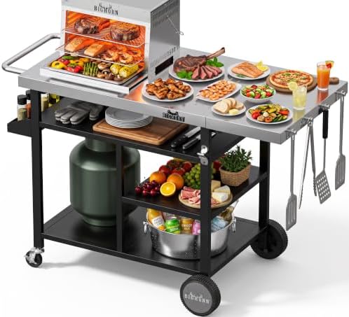 BIG HORN OUTDOORS Grill Cart, Stainless Steel Outdoor Grill Table for Infrared Grill, Pizza Oven Stand Compatible with Big Horn, Ninja, Ooni Pizza Ovens, Outdoor Cooking Table, 48.4"L x 24"W x 35.2"H by BigHornOutdoors