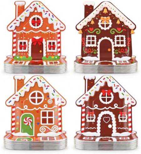 FOIMAS 48pcs Christmas Paper Plates, 9.3 Inch Christmas Gingerbread House Plates Disposable Christmas Party Paper Plate Tableware for Xmas Party Supplies Winter Holiday Birthday Kitchen Table Decor by FOIMAS