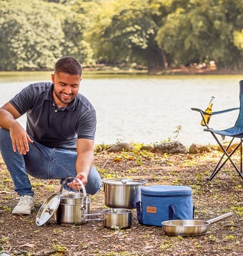 Camping Cookware Set 304 Stainless Steel 8-Piece Pots & Pans Open Fire Cooking Kit | Frying Pan Steamer with Travel Tote Bag | Compact For Outdoors & Indoors Kitchen Family Campfire Hiking RV - Image 4