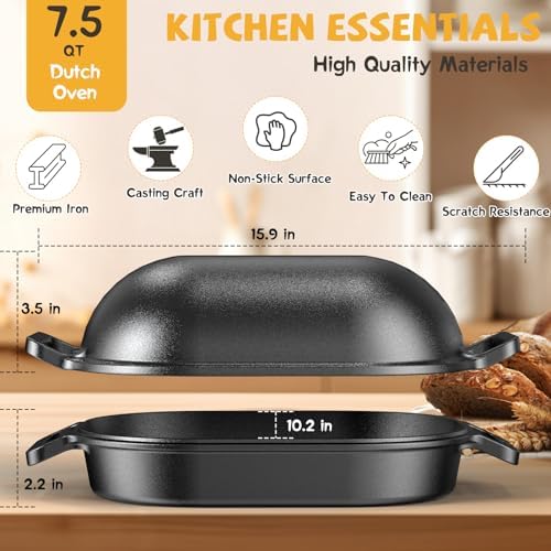 7.5QT Dutch Oven for Sourdough Bread Baking, Cast Iron Bread Pan with Lid - Image 3