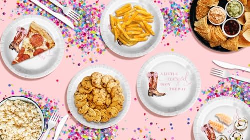 Birthday Galore Pink Bows Cowgirl on The Way Baby Shower - 32 Piece Disposable Party Supplies - Baby Shower Decorations - Round Party Plates - Large 9" Paper Plates In Bulk - Image 7