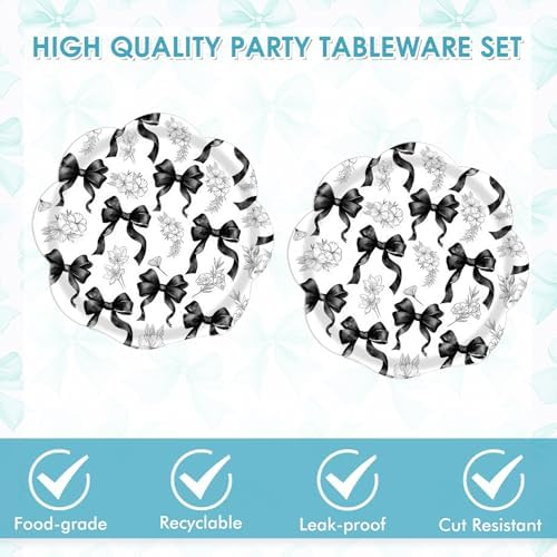 40PCS Black Bow Paper Plates and Napkins Set - Disposable Black and White birthday Party Supplies for Girls & Women, Coquette Birthday Supplies for Galentine’s Gatherings/Bridal Showers - Image 3