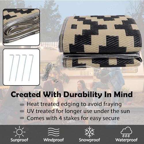 SAND MINE Reversible Mats with Led Strip Lights, Plastic Straw Rug, Modern Area Rug, Large Floor Mat for Outdoors, Patio, Backyard, Deck, Picnic, Camping, Black & Beige, 6' x 9' - Image 4