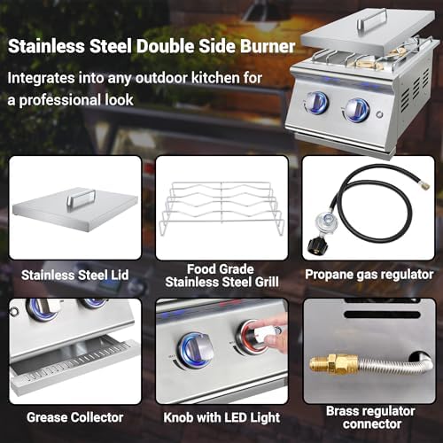 Double Grilling Side Burners for Outdoor Kitchen, 2 * 17,000BTU Liquid Propane Burners, Convertible to Natural Gas, Duty Heavy 304 Stainless Steel, Built-in Side Burner for BBQ Island Grill - Image 4