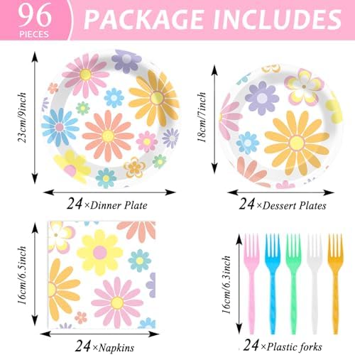 96PCS Boho Pastel Party Paper Plates and Napkins for Groovy Daisy Retro Boho Party Dessert Cake Plates Disposable Tableware Supplies for Baby Shower Birthday Wedding Seasonal Holiday Decorations - Image 2