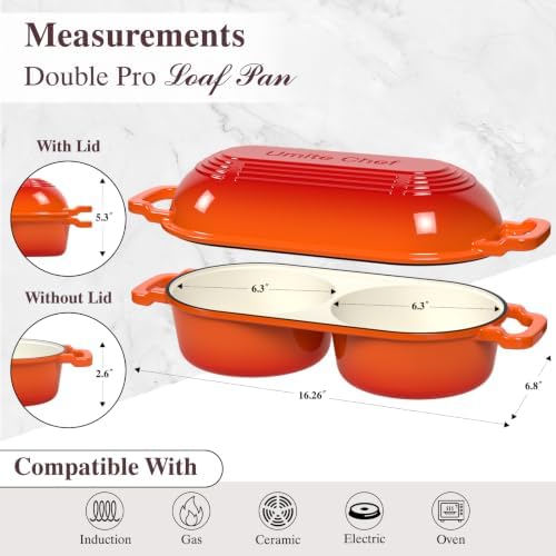 Umite Chef Complete Mini Double Dutch Oven Kit for Sourdough Bread – Enameled Cast Iron Bread Pan with Deep Dual Loaf Pots, Includes 5" Banneton Basket & Cotton Potholders, 500°F Oven Safe (Orange) - Image 2