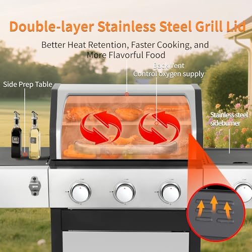 39000 BTU Output Propane Gas Grill with Side Burner and 3 Main Burners - Double-layer Stainless Steel Lid, Cast Iron Grids, Easy-Clean Grease Management & Even Heat Distribution for Perfect BBQs - Image 6
