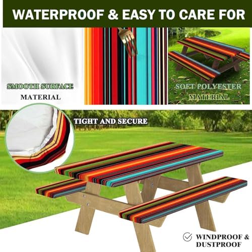 CAPSCEOLL Picnic Table Cover with Bench Covers 5ft - Colorful Stripes - Image 4