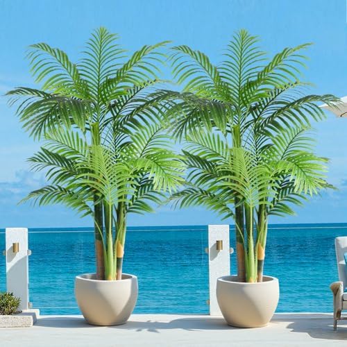 5ft Tall Triple Golden Cane Palm Artificial Tree Large Tropical Palm Tree UV Resistant Fake Plant in Pot for Indoor Outdoor Big House Living Room Outside Patio Office Home Decor 1Pack by Keeplush