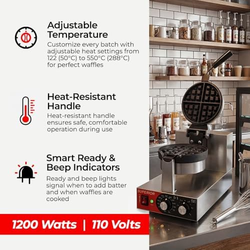 Superior Kitchen Commercial Belgian Waffle Maker, Stainless Steel Waffle Iron with Non-Stick Coating, Rotating Flip Design, Heat-Resistant Handle, Adjustable 122℉/50℃ to 482℉/250℃ Range, 1200W - Image 3