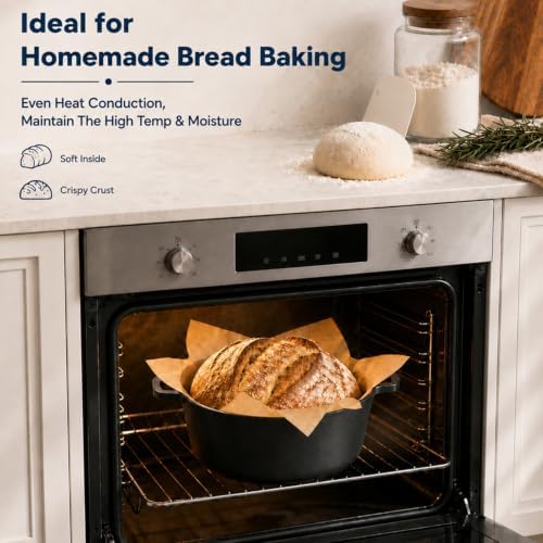 TeamFar 5qt Dutch Oven, Pre-seasoned Cast Iron for Bread Baking, Black - Image 2