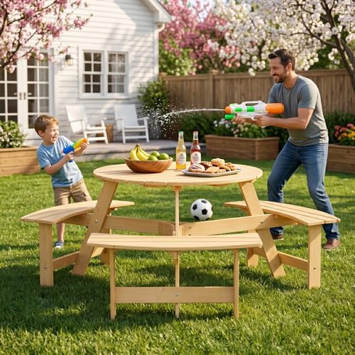 6 Person Wooden Picnic Table, Outdoor Round Picnic Table with 4 Built-in Benches, Umbrella Hole, Outside Table and Bench Set for Patio, Backyard, 500lbs Capacity Per Bench (Nature - 6person) - Image 6