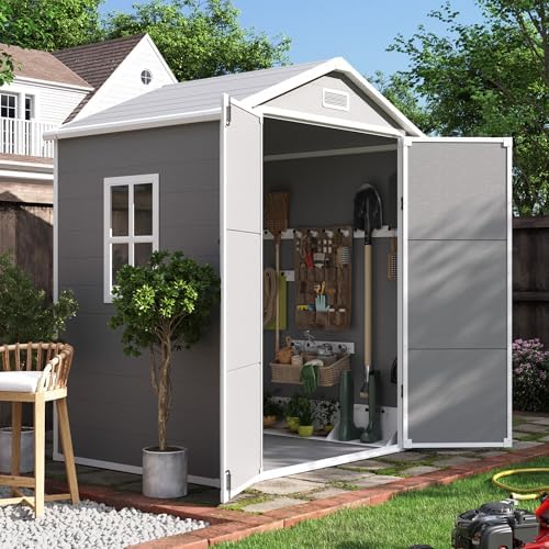UDPATIO Outdoor Resin Storage Shed 6x4.5 FT, Plastic Garden Shed for Bike, Garbage Can, Tool, Outside Sheds with Lockable Door for Backyard, Patio, Lawn, Grey & White by UDPATIO