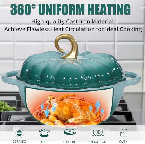 Pumpkin Enameled Cast Iron Dutch Oven with Lid, 4.5 QT Dual Handles and Heavy Duty Pot, Oven Safe up to 500°F for Bread Baking, Braising, Cooking and Family Gifts, Cyan - Image 3