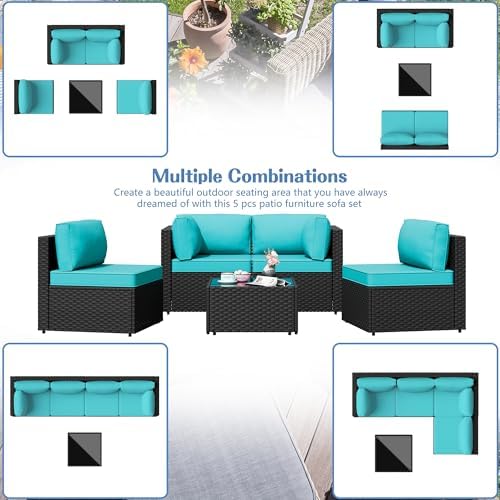 Shintenchi 5 Piece Outdoor Patio Furniture Set with Black PE Rattan, Blue - Image 7