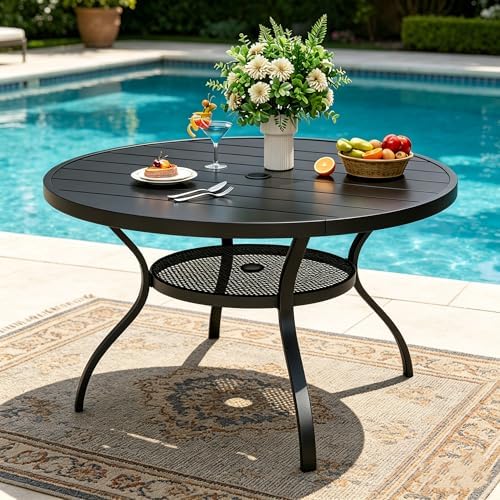 SUNCROWN 42 Inch Round Outdoor Patio Dining Table, All Weather Black Metal Steel Slat Table with 1.5" Umbrella Hole, Weather Resistant Outside Furniture for Lawn Garden Backyard Porch by HOME