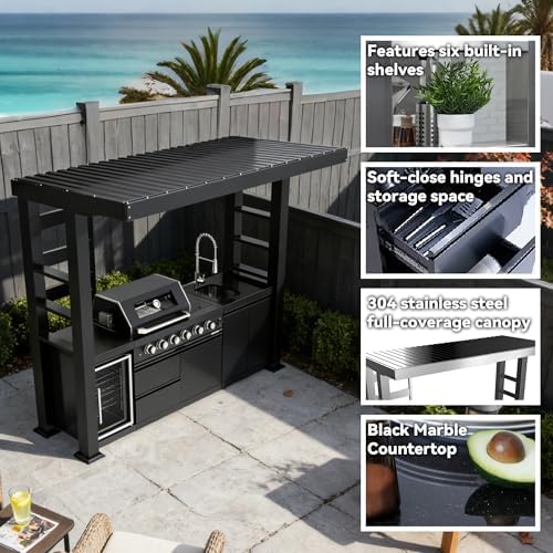 110-Inch 4-Burner 72000 BTU Propane Gas Grill Island with Shed, 304 Stainless Steel Black, Outdoor Kitchen with Wine Cooler, Rotisserie & Granite Countertops for Backyard BBQ, Black - Image 3