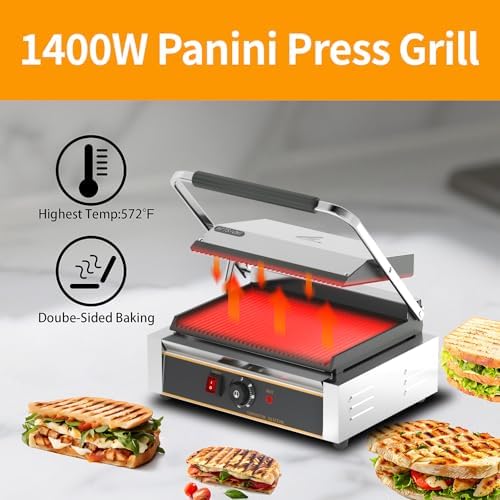 Commercial Panini Press - 2200W Commercial Panini Press Grill w/ 14"x9" Cooking Pan & Adjustable Temp, Commercial Sandwich Press w/Nonstick Coating, Removable Drip Tray, Double-sided Heating - Image 3