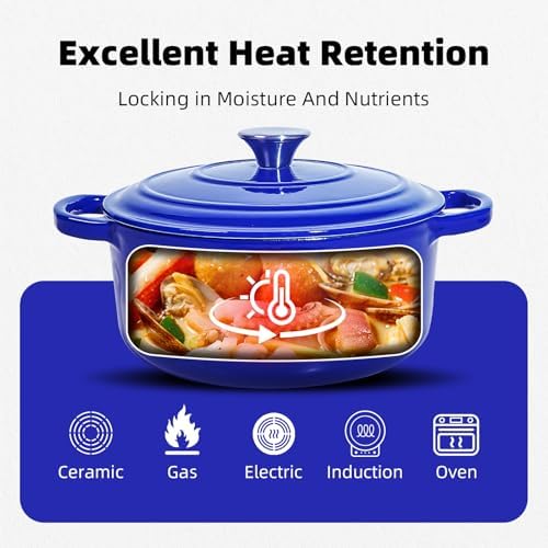 4 QT Enameled Cast Iron Dutch Oven with Lid, Blue - Image 4