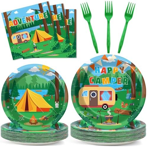 OBUSATT 100PCS Happy Camper Adventure Party Decorations Tableware Set - Disposable Plates, Napkins for Camping Theme Birthday - Serves 25 Guests by OBUSATT