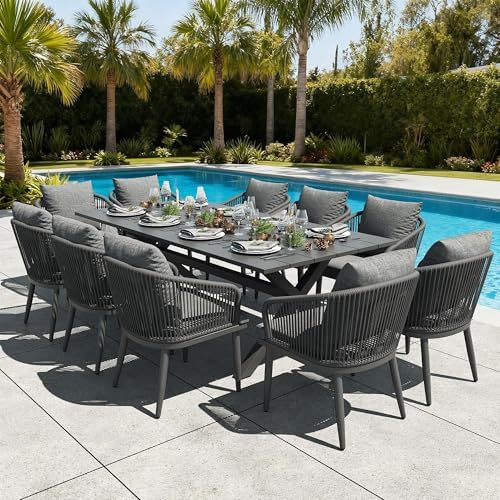 LayinSun 11 Pieces Outdoor Patio Dining Set, Aluminium Rectangular Dining Table and Wicker Rattan Chairs Set for Outside Backyard, Poolside by LayinSun