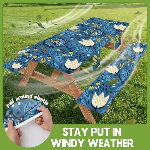 Picnic Table Cover with Bench Covers Waterproof Elastic Rectangle Tablecloth Camping Essentials Supplies Rv Car Travel Gear Must Haves Accessories Fitted Table Cloth Outdoor Road Trip Camper Gifts 6ft - Image 3