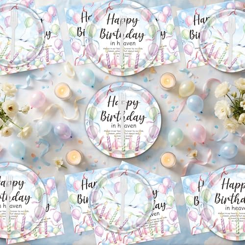 Gameza Happy Birthday in Heaven Party Decorations, 96PCS Heavenly Angel Disposable Paper Plates and Napkins Decor, Funeral Memorial Forks Tableware Set for Condolence Anniversary Supplies Serves 24 - Image 6