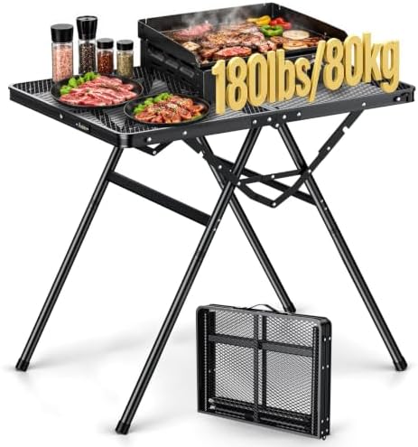 Anbte 3ft Folding Grill Table, Supports 180 Lbs, 2 Adjustable Height, Black by Anbte