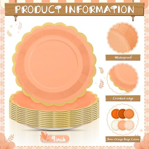 48 Pcs Orange Paper Plates 9 Inch Scalloped Fall Party Supplies - Image 3