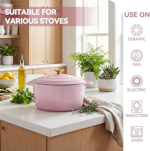 Miereirl 4.5 Quart Enameled Dutch Oven Pot with Lid, Cast Iron Dutch Oven with Dual Handles for Bread Baking, Cooking, Non-stick Enamel Coated Cookware, Pink - Image 2