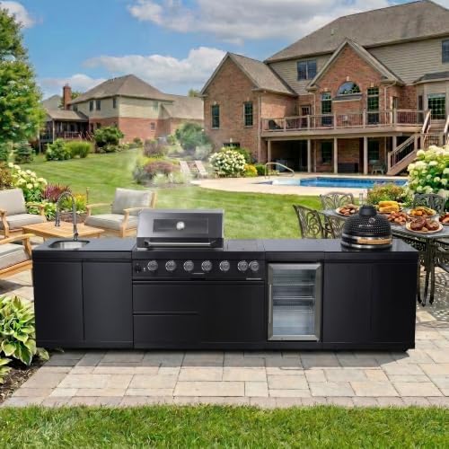 131" Outdoor Propane Gas Kitchen Island, 4-Burner Grill, Kamado & Fridge by Dvasovio