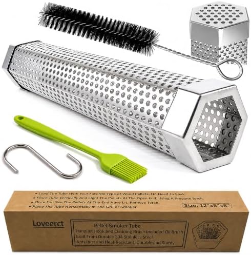 Smoke Tube for Pellet Smoker, 12 Inch Hexagon Smoker Tube for Pellet Grill - Up to 5 Hours of Smoke, Hot or Cold Smoking, 304 Stainless Steel, for Gas, Electric & Charcoal Grills, with Brushes by LOVEERCT