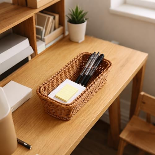 Wicker Silverware Basket, Long Narrow Basket, Small Wicker Bread Cracker Baskets, Stackable Woven Storage Baskets for Spoons Forks Knives Stationery (Rectangle) - Image 4