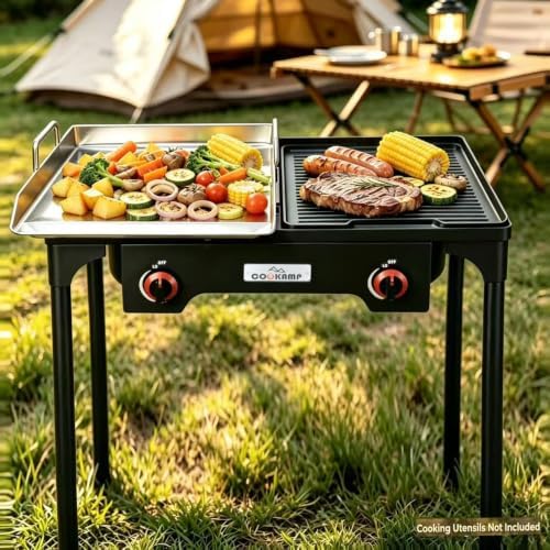 COOKAMP High Pressure Double Propane Burner Outdoor Camping Stove with 0-20 PSI Adjustable Regulator and Steel Braided Hose (Two Burner Stove) - Image 5