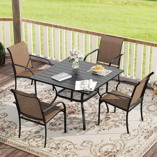 VICLLAX 5 Pieces Patio Dining Set, Outdoor Furniture Set Includes 1 Square Outdoor Table and 4 Stackable Patio Sling Chairs, Black Tabletop and Brown Fabric by HOME