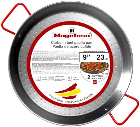 Magefesa 9-Inch Carbon Steel Paella Pan – 23 cm - 1 Serving, Lightweight with Dimpled Surface, Ideal for Traditional Valencian Paella by Magefesa