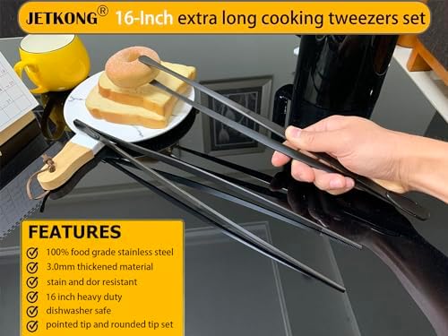 JETKONG 2 Pcs 16-Inch Heavy Duty Plating Tongs, Extra-Long Kitchen Fine Tongs Large Stainless Steel Cooking Forceps (Black) - Image 3