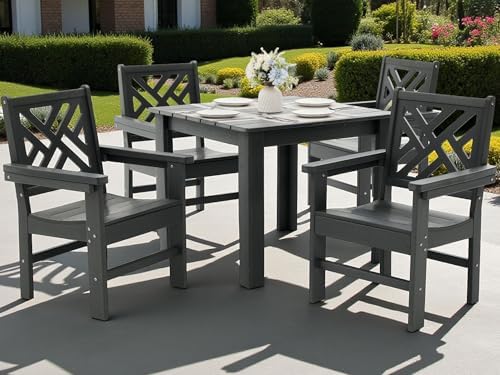 HDPE Outdoor Dining Set,5-Piece Outdoor Table and Chairs Include 4 Armchair Chairs and 35.5" Square Patio Dining Table with Umbrella Hole (Gray) by Unknown