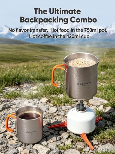 Odoland Titanium Camping Cookware 420ML & 750ML Titanium Pot with Lid and Spork Lightweight Camping Pot for Backpacking Hiking Traveling and Picnic - Image 2