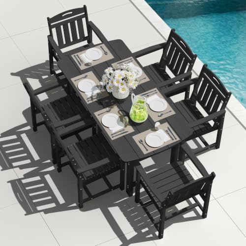 HDPE Outdoor Dining Set, Patio Table and 6 Chairs, 2" Umbrella Hole, Black by Suunyn
