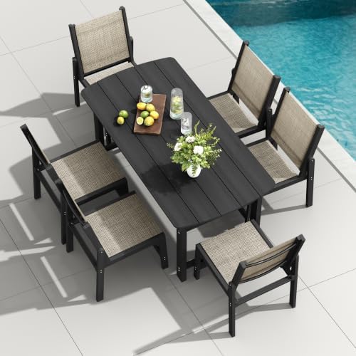HDPE Outdoor Dining Set, Patio Table and 6 Stackable Armless Chairs, Black by Suunyn