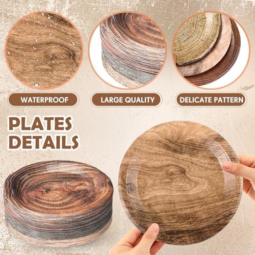 80 Pcs Camping Birthday Party Supplies 7 Inch Wood Grain Paper Plates Rustic Wood Slice Dessert Plates for Hunting Birthday Decorations Woodland Party Dinnerware - Image 3