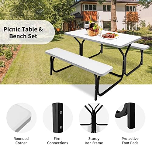 ORALNER Picnic Table, Resin Dining Table & 2 Benches Set, Weather Resistant Wood Grain Plastic Tabletop & Steel Frame, Picnic Tables for Outdoors, Porch Yard Patio Lawn Party Camping (White) - Image 6