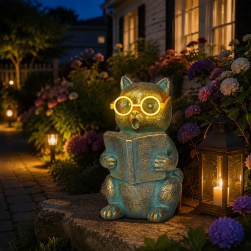 Solar Reading Cat Decor with Light-Up Glasses Patina Garden Statues - Image 2