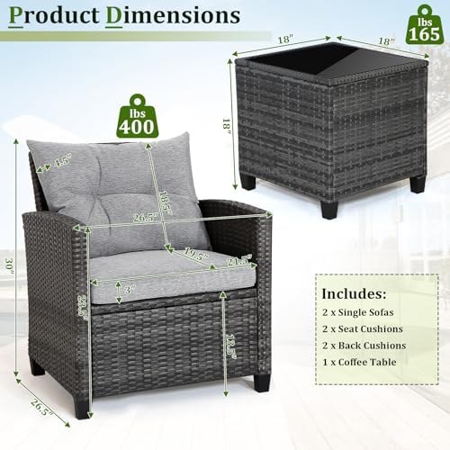 RELAX4LIFE Wicker Patio Furniture Sets - 3 Pieces Rattan Sofa Set, Outdoor Conversation Set with Tempered Glass Tabletop, Heavy-Duty Steel Frame, Wicker Chair Set for Poolside, Backyard, Grey - Image 7
