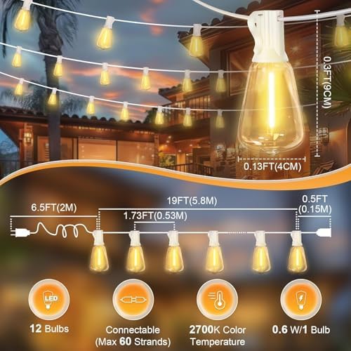 LAMPHOME 2-Pack 26FT Outdoor Patio Lights, 2700K Warm White String Lights，12+1 LED Waterproof Shatterproof Edison Bulbs, Dimmable with Timer for Garden Backyard Yard Hanging Lighting - Image 3