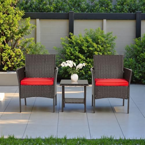 FDW 3-Piece Patio Furniture Set | Brown & Red | Outdoor Wicker Furniture - Image 6